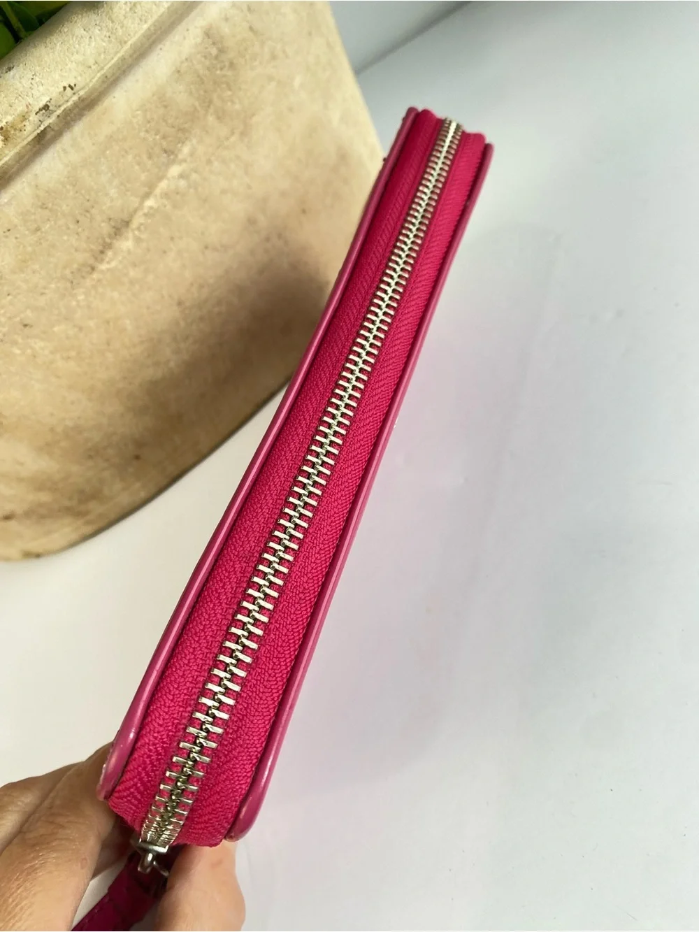Coach Pink Signature Patent Leather Wallet with Heart Pendant